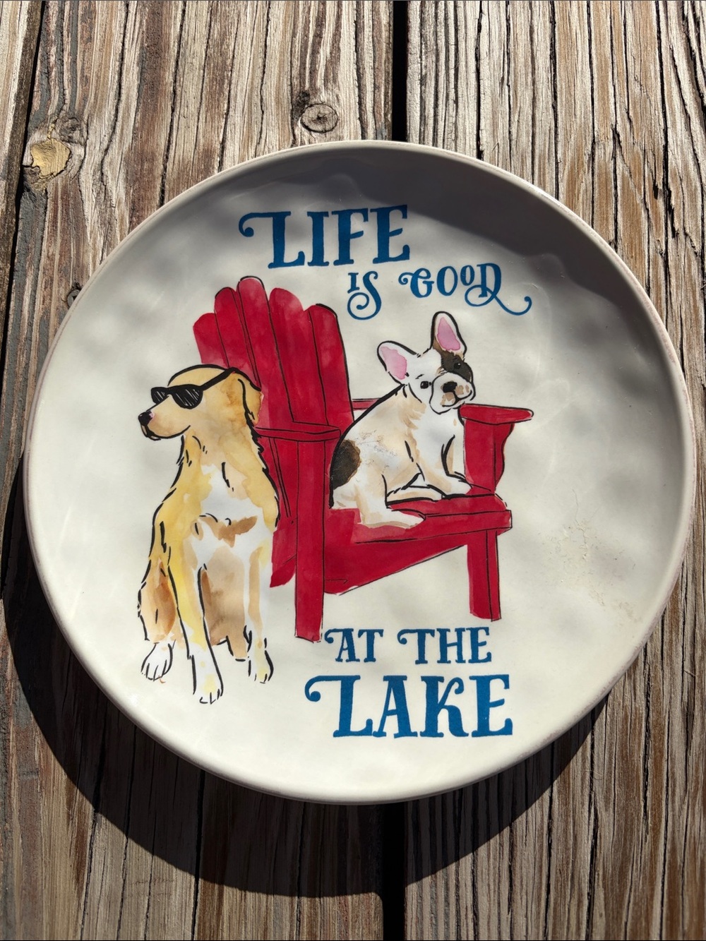 Pier 1 Decorative Dog Plate with Red Adirondack Chair and Blue Lettering